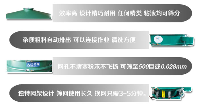 直径1000mm91香蕉视频官网的特点：效率高，设计精巧耐用，任何精类，粘液均可筛分，杂质粗料自动排出，可以连接作业，清洗方便。网孔不堵塞粉末不飞扬，可筛至500目或0。028mm筛网使用长久，换网只需3-5分钟。