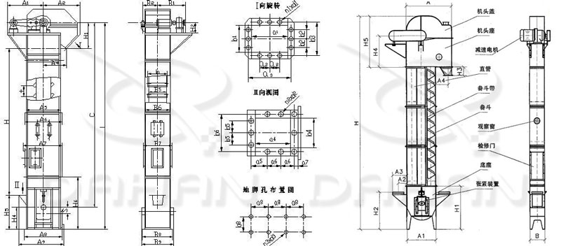 TD/D型斗式提升机基本结构:机头盖，机头座，减速电机，直管，底座，紧张装置等。